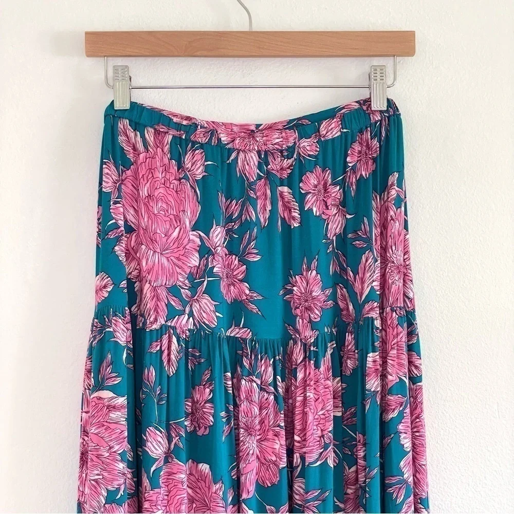 Abel The Label Bonnie Floral Boho Yoke Maxi Skirt Teal Pink Large